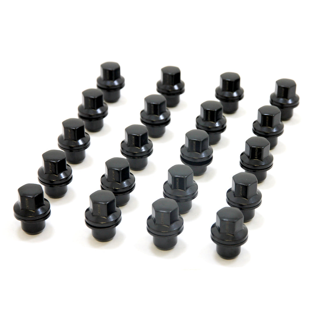 Multiple black metal 22MM Wheel Bolts arranged in a scattered pattern on a white background.