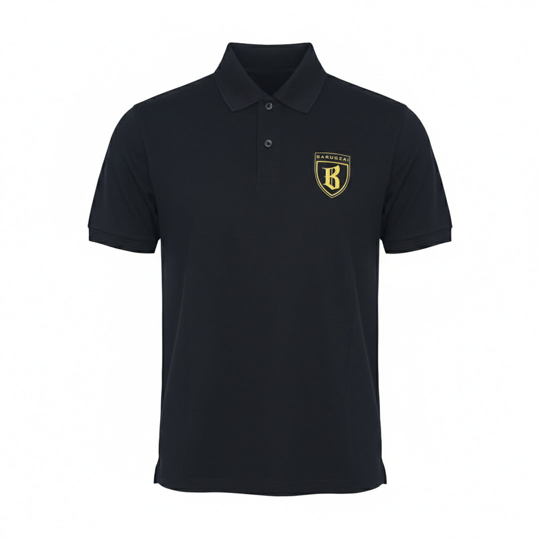Front Polo B-Shield Gold and Black with a white background.
