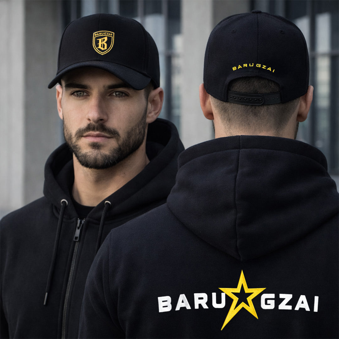 Male model wearing Barugzai B-Star black and gold snapback cap styled with black hoodie front and back view