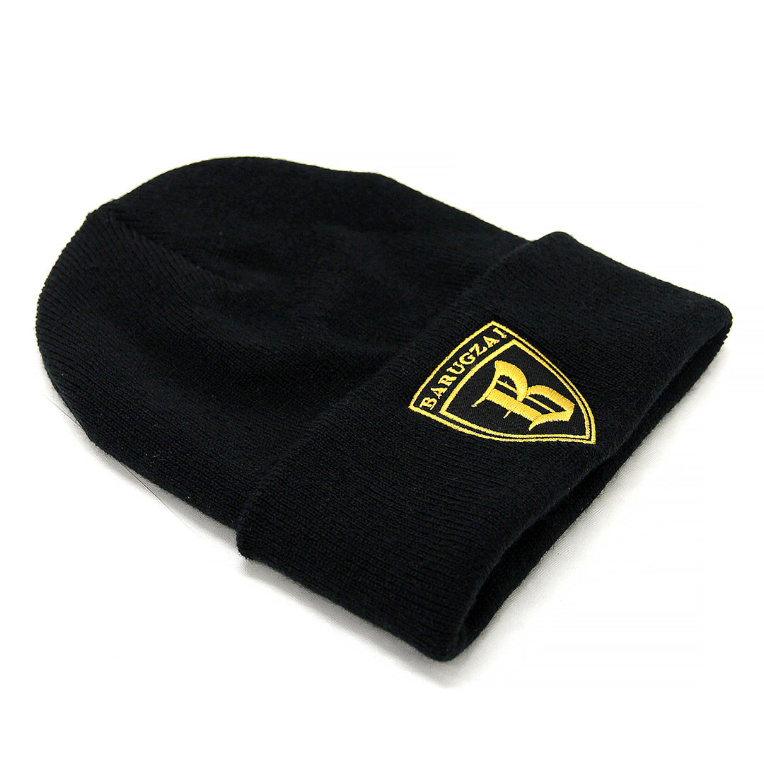 Black Cuffed beanie with a yellow barugzai star logo on a white background in a front side quarter angle.