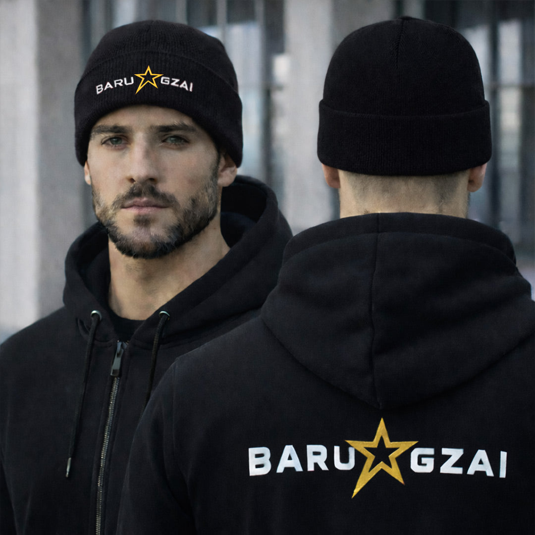 Man wearing a black hoodie and beanie with 'BARU GZAI' branding.