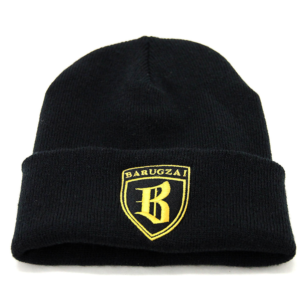 Black cuffed beanie with yellow Barugzai star logo on a white background