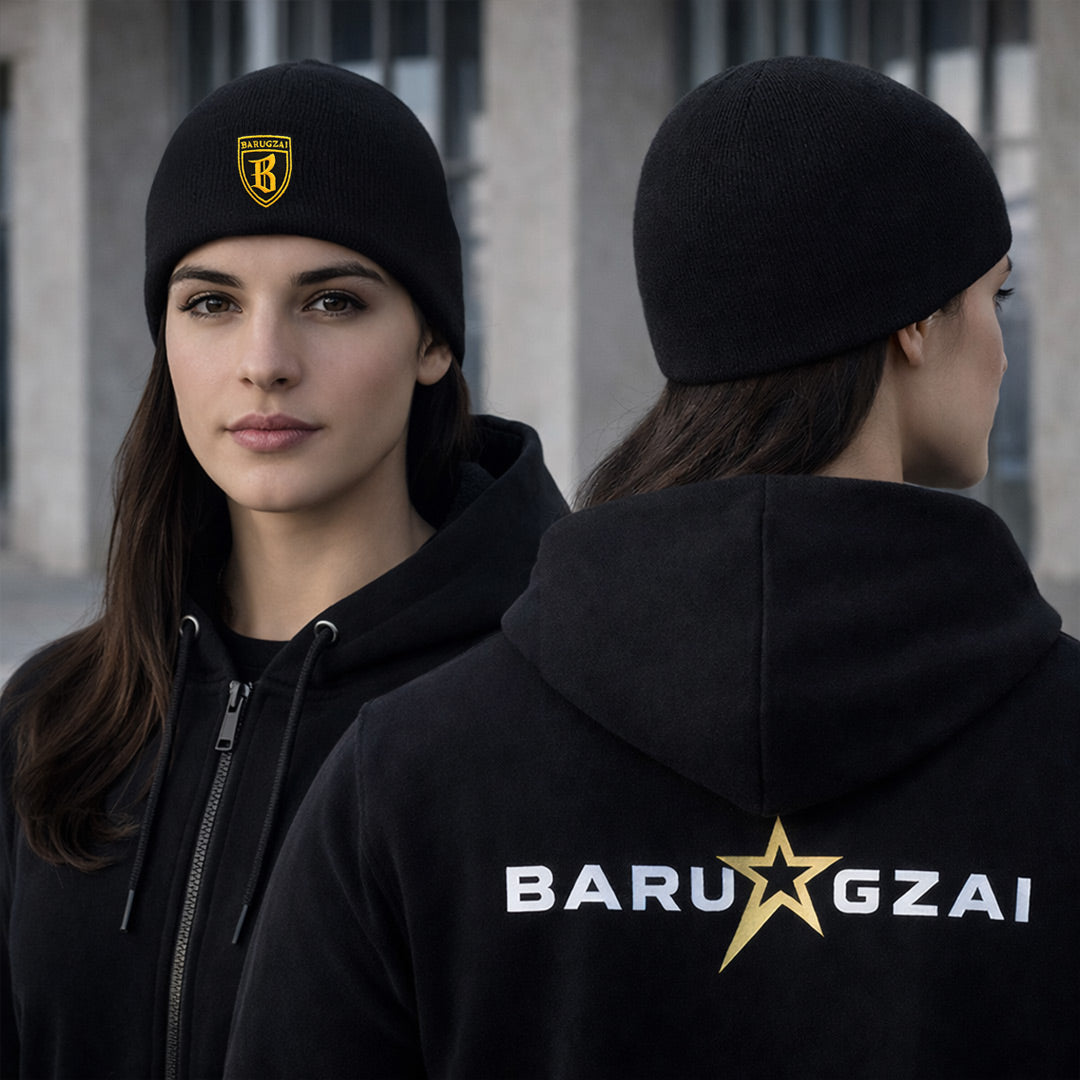 Female wearing a black hoodie and a Cuffless beanie with 'BARU GZAI' branding.