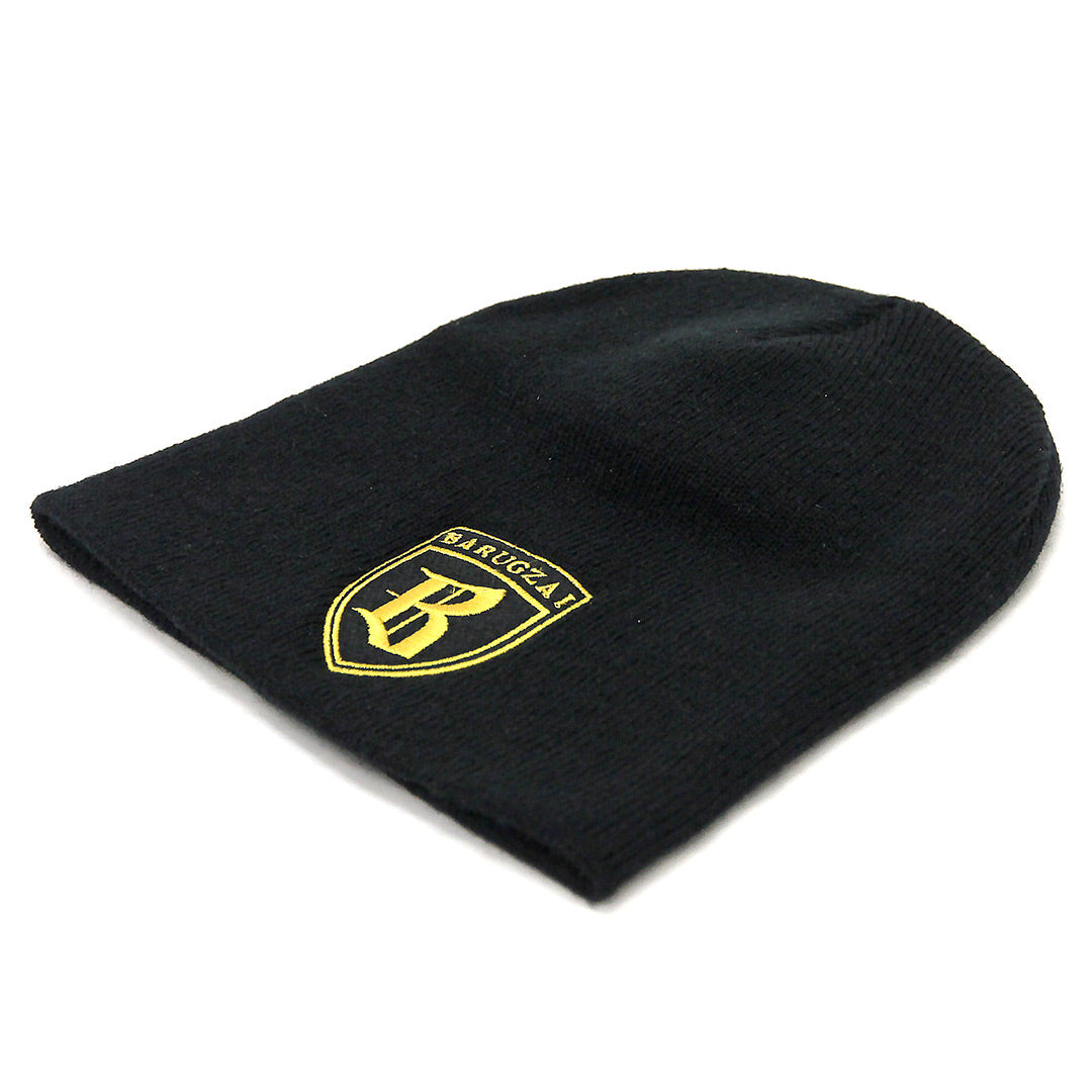 Black beanie cuffless with a yellow barugzai logo on a white background.