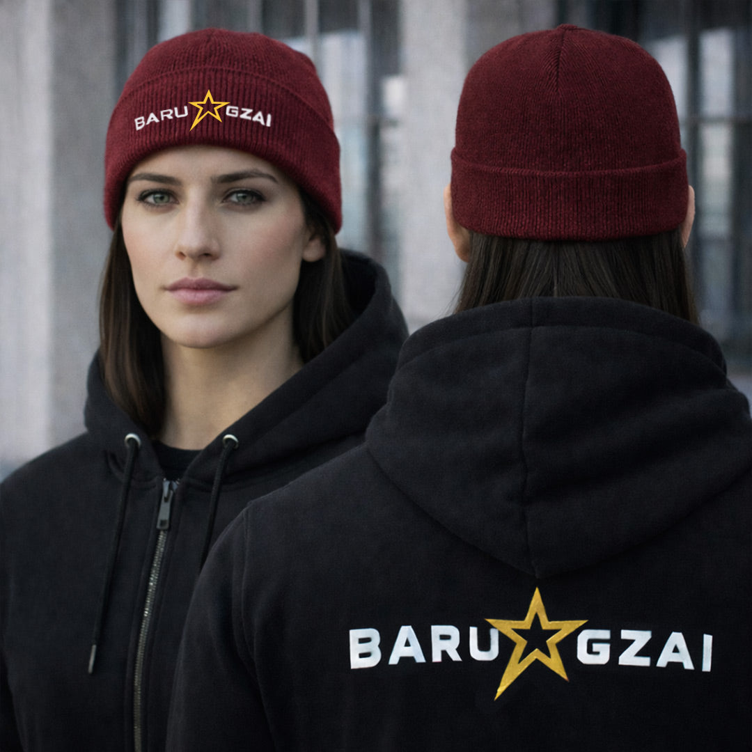 Woman wearing a maroon beanie and black hoodie with 'BARU GZAI' branding.