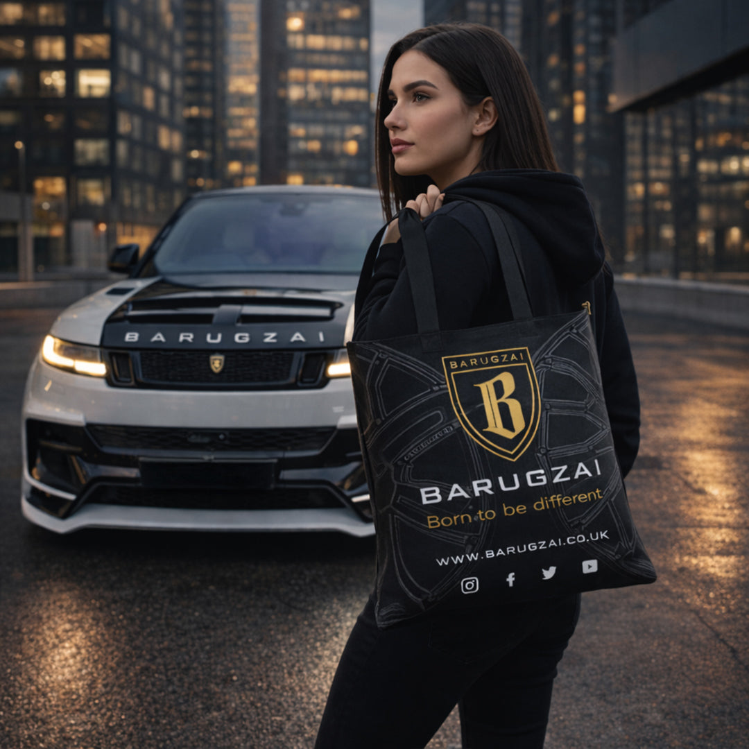 Woman holding a Barugzai branded tote bag with a car in the background