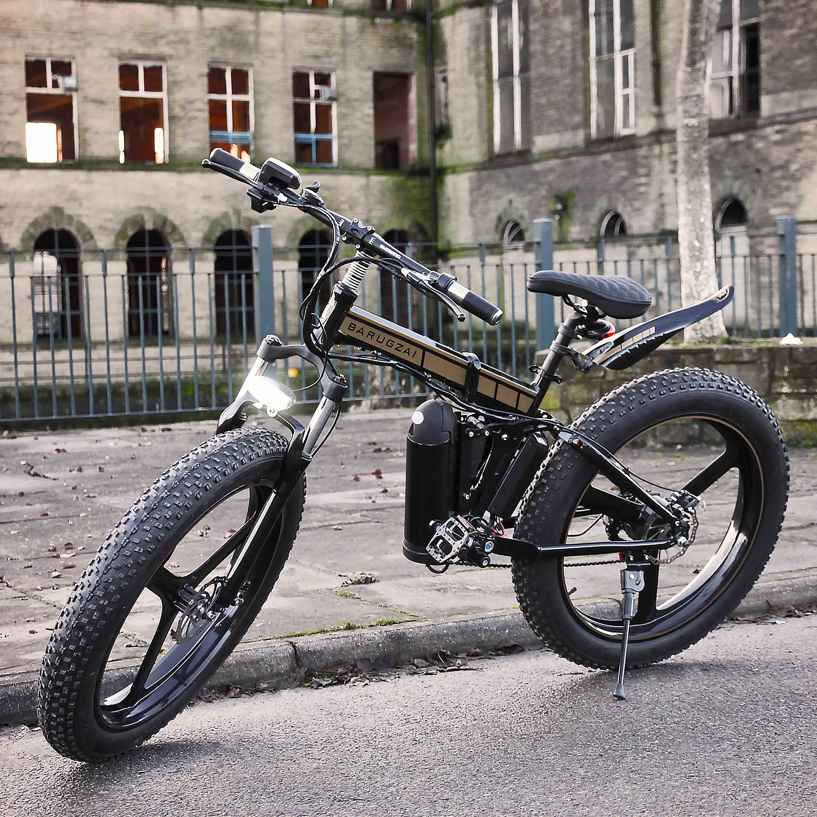 Electric bike parked on a street with old buildings in the background