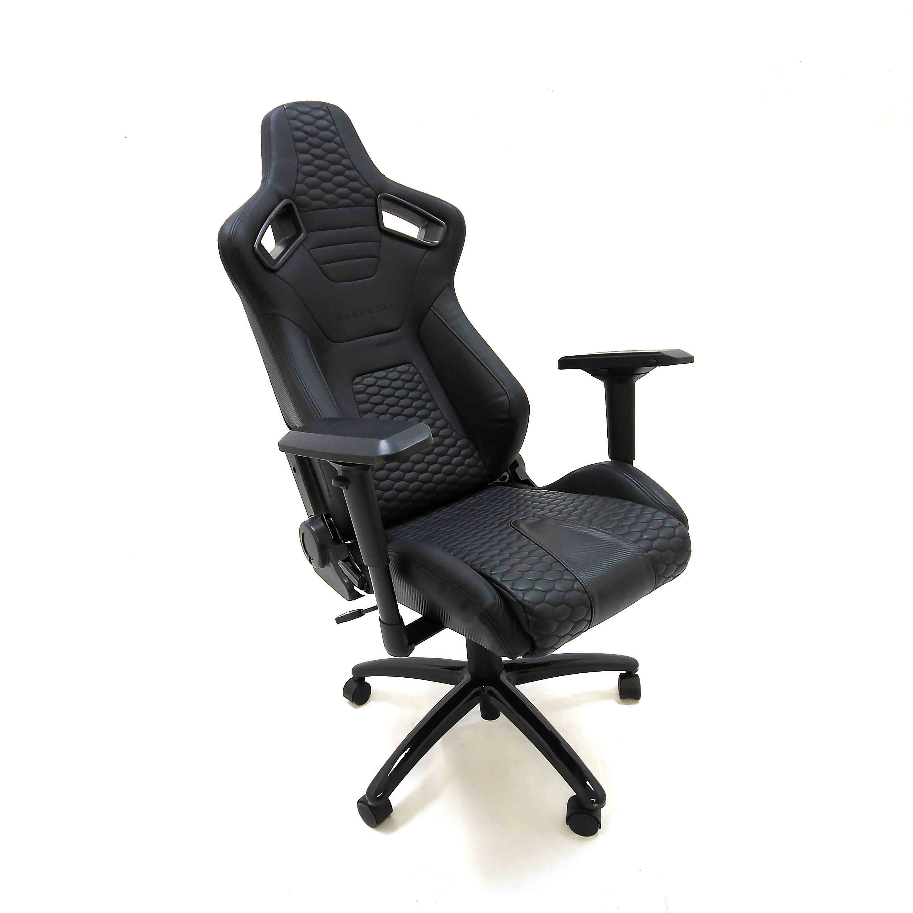 Black office Barugzai chair with quilted design on a white background.