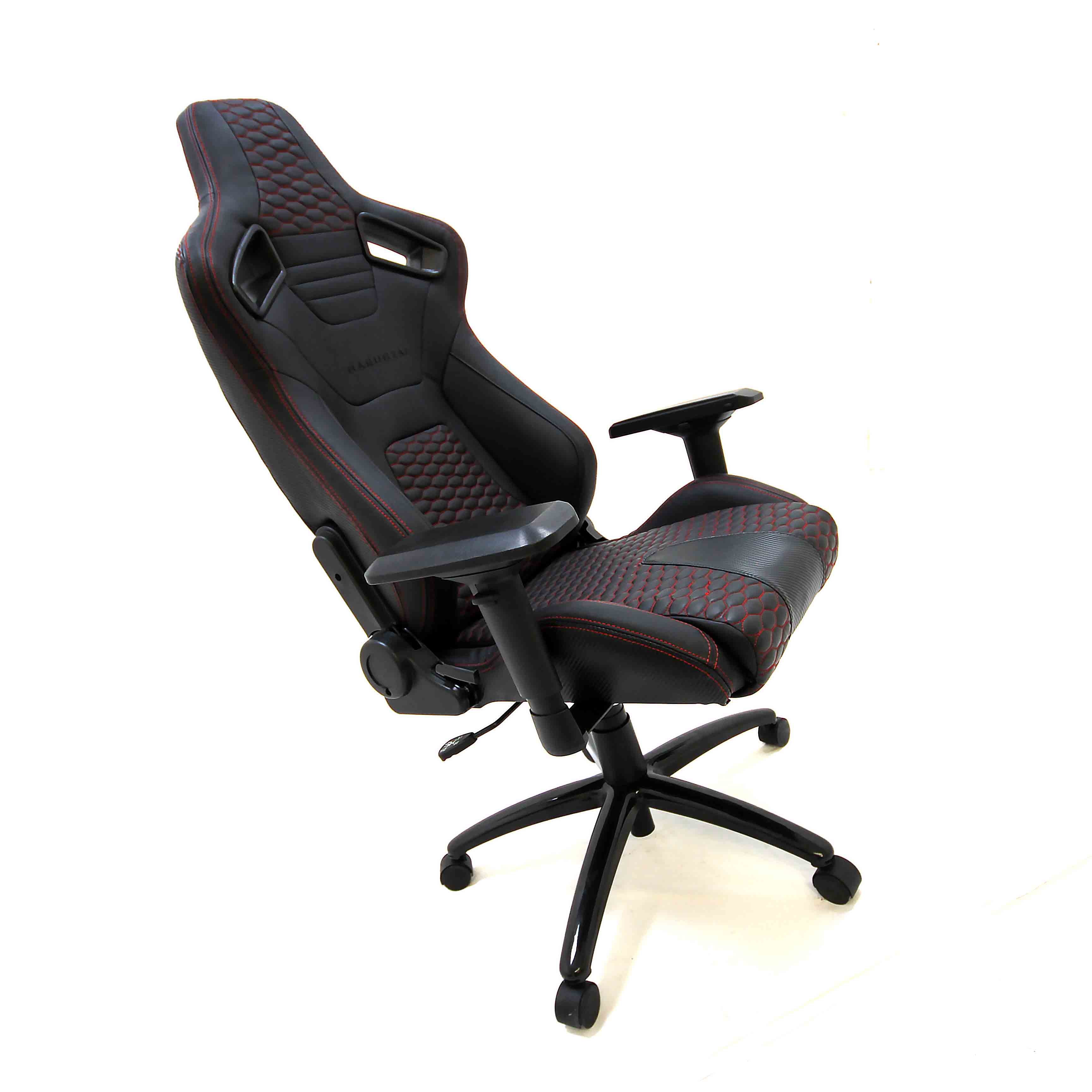 Black and red office chair on a white background.