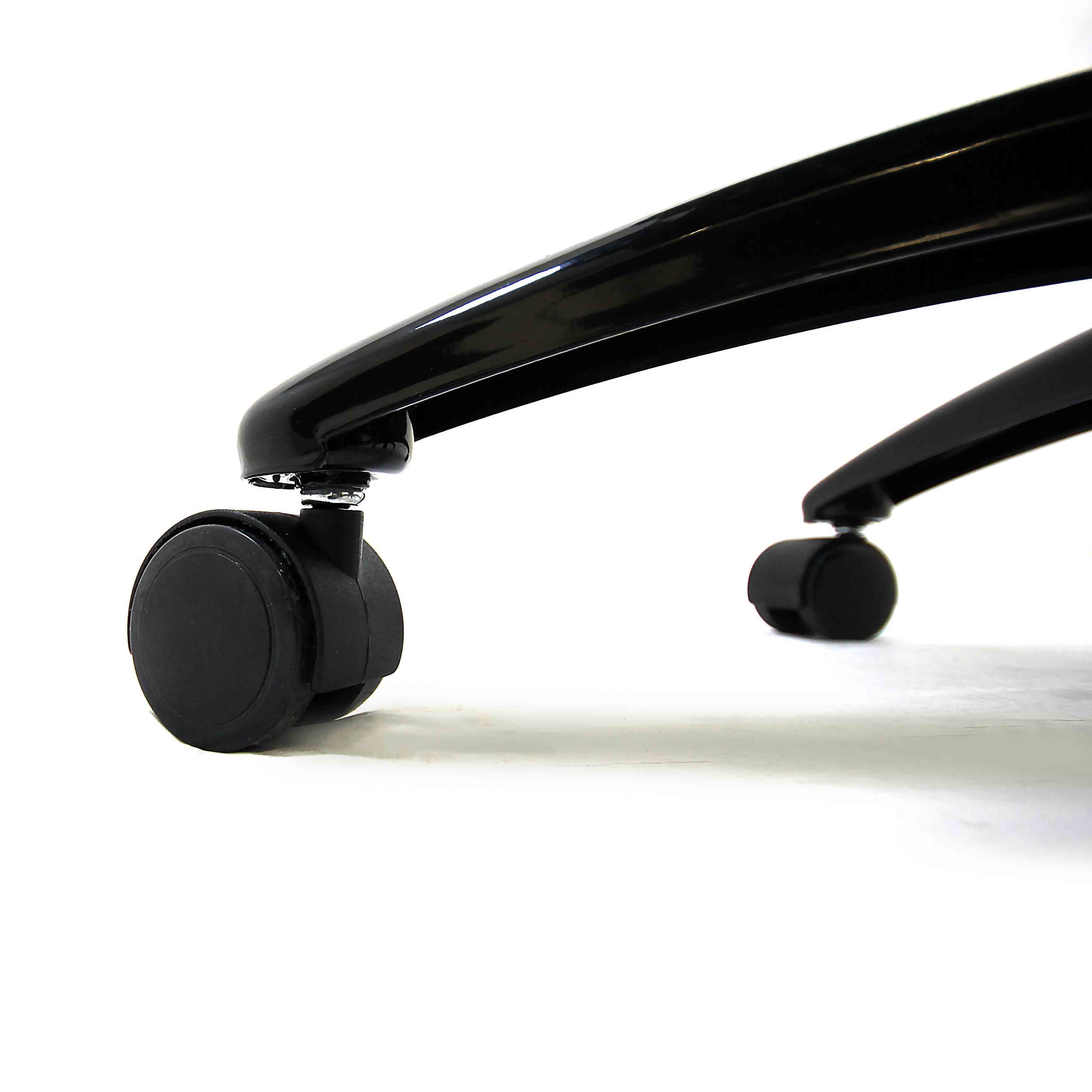 Close-up of black office chair wheels on a white background.