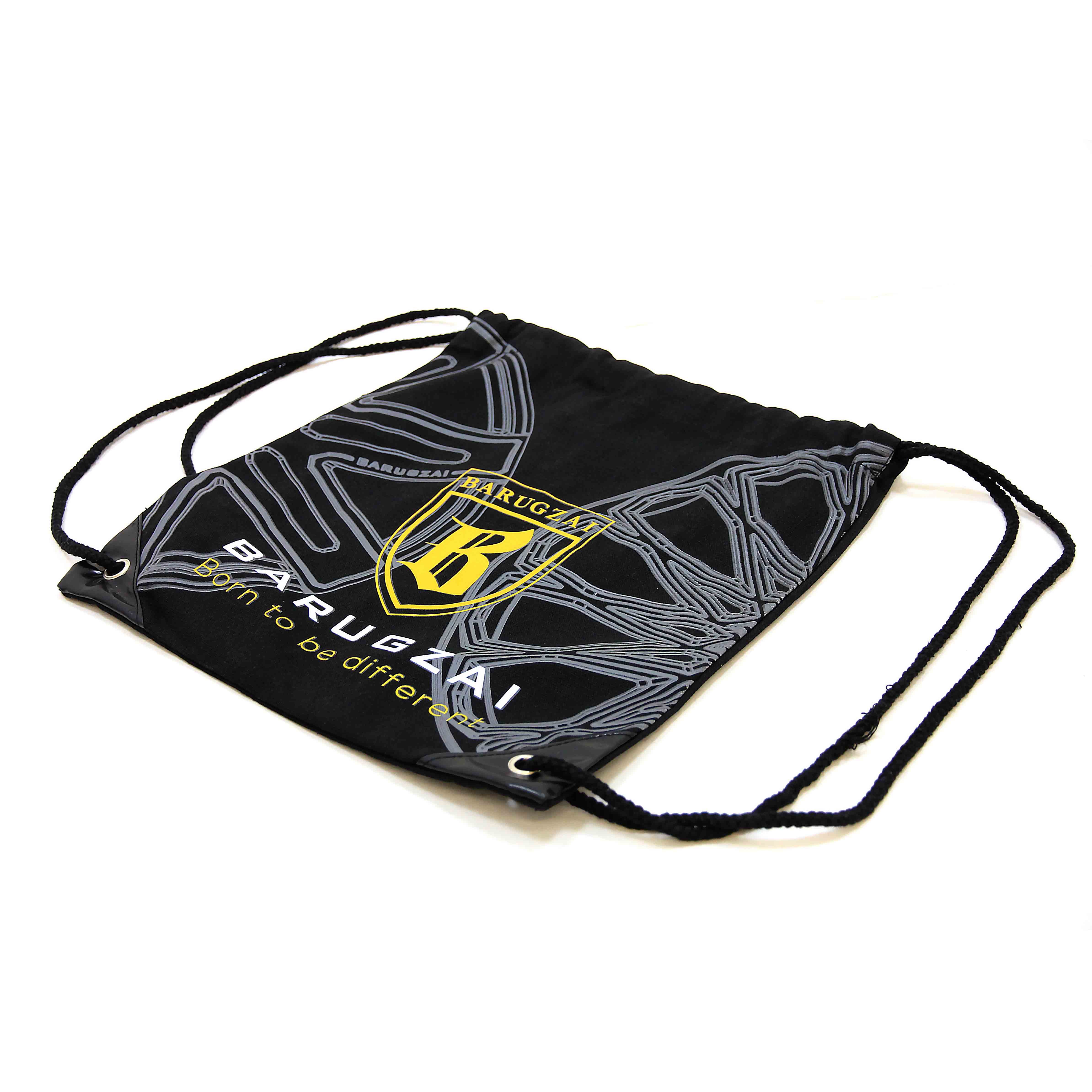Black drawstring bag with gray pattern and visible branding on a white background