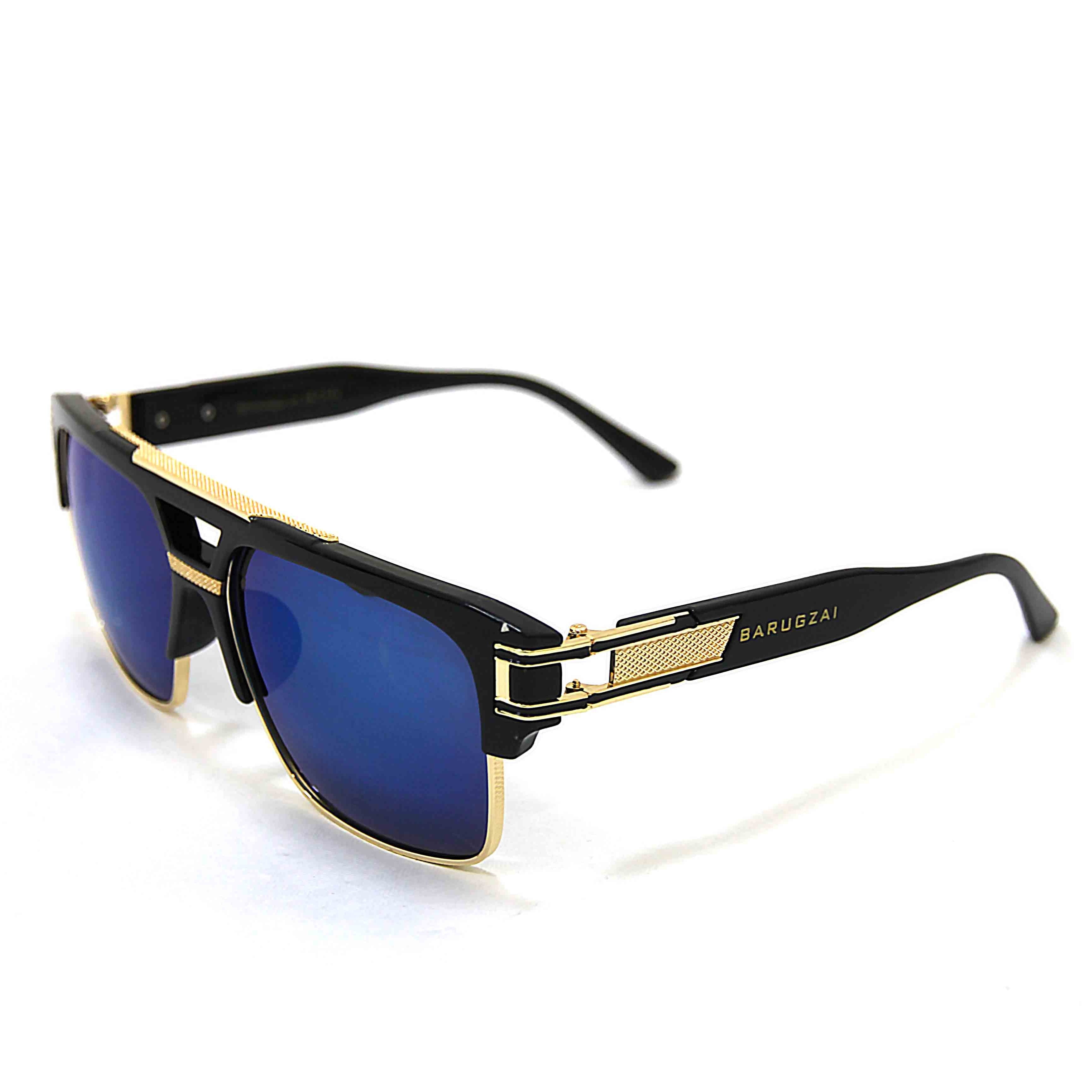 Sunglasses with black and gold frame on a white background