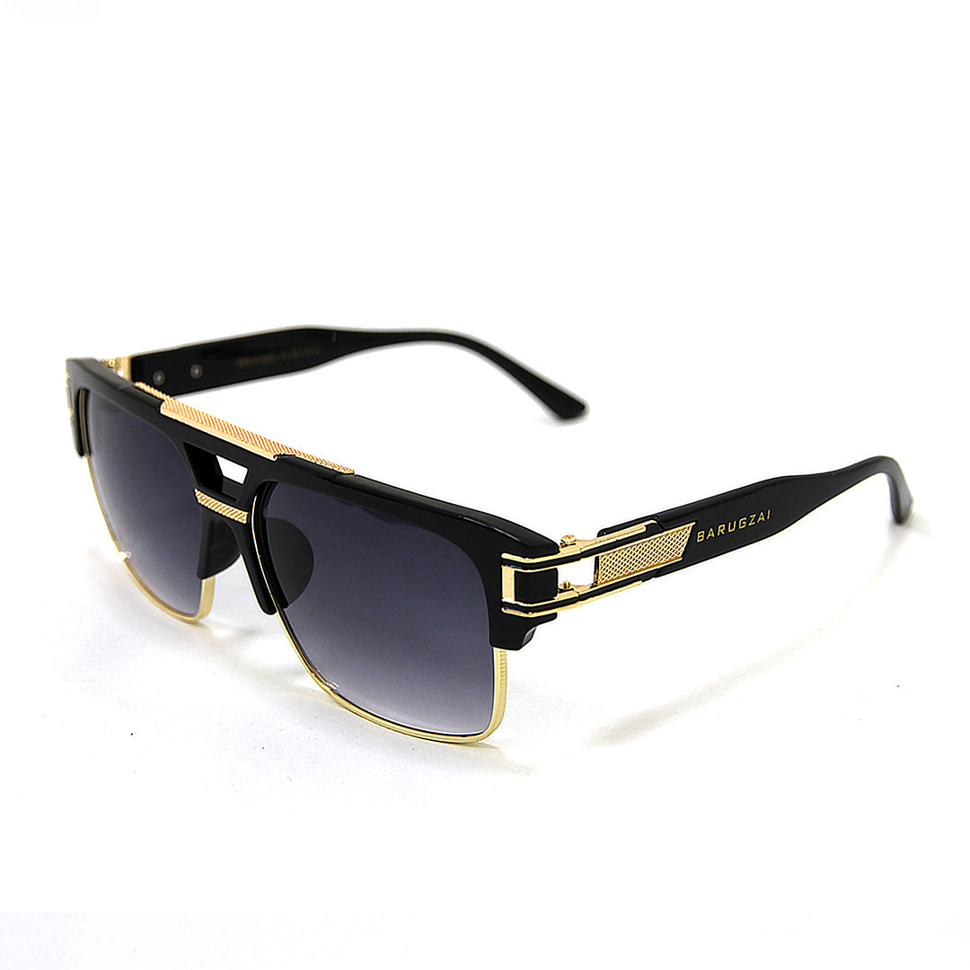 Sunglasses with purple lenses and gold frames on a white background.