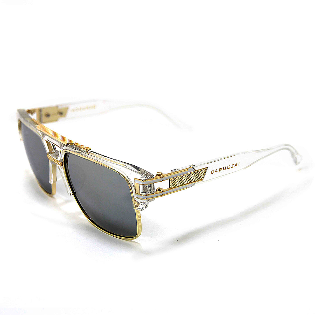 Gold-framed Clear body sunglasses with clear arms on a white background.