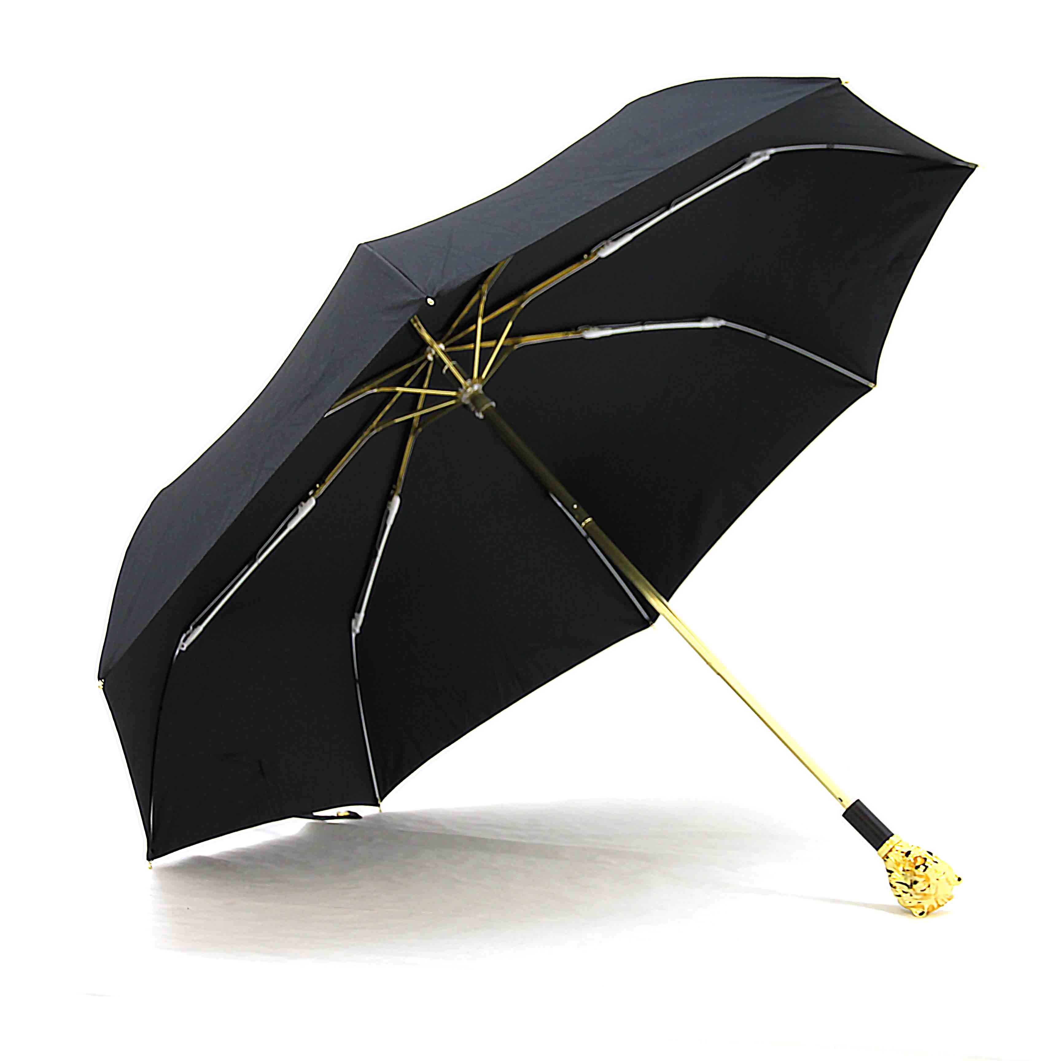 Black umbrella with a yellow handle on a white background.