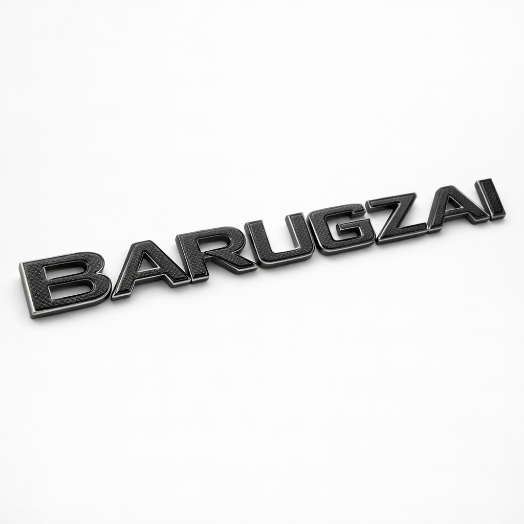 Black texture with chrome border lettering spelling 'BARUGZAI' on a white background