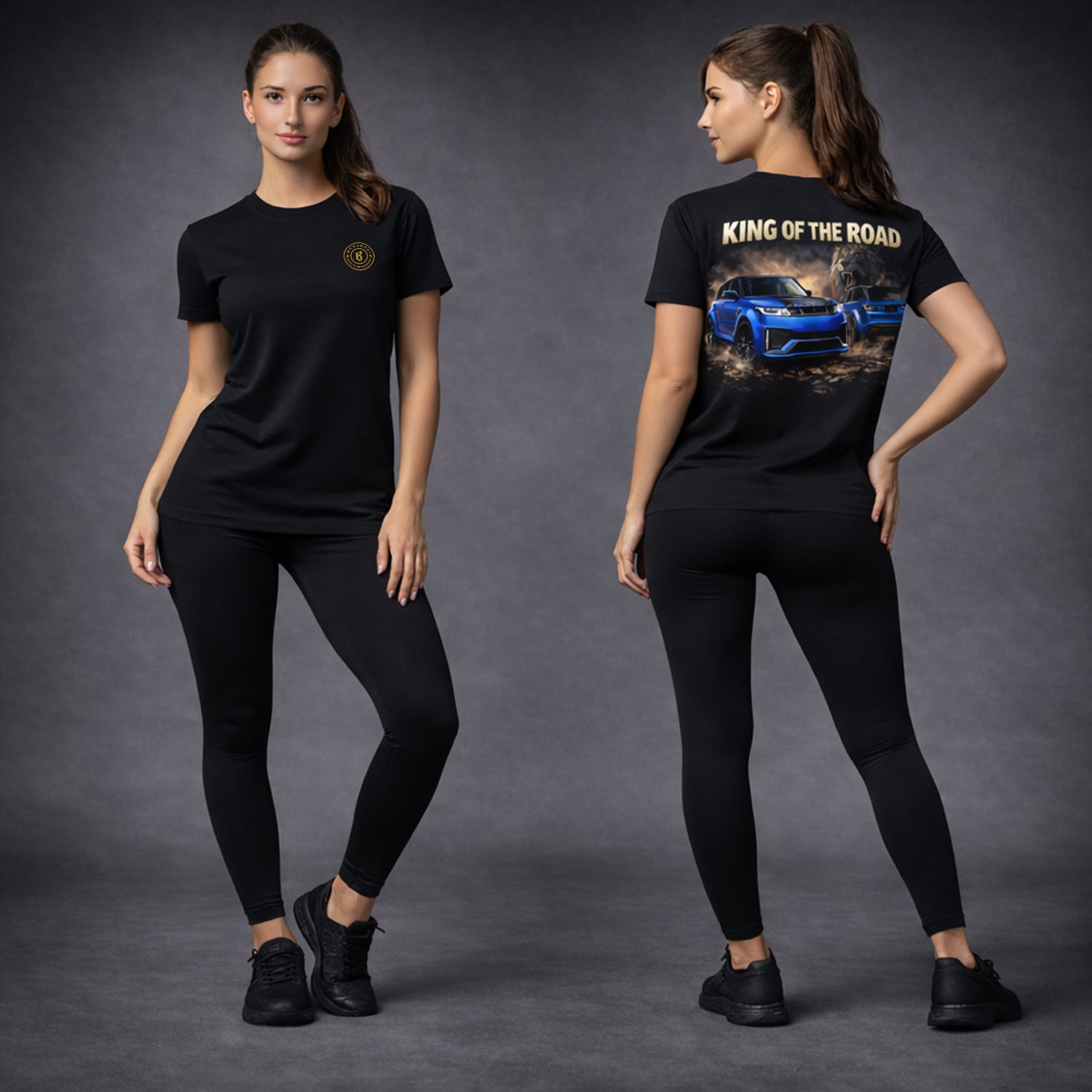 Female Version of the blue raptor king of the road t shirt showcasing the Tshirt in the studio setup.