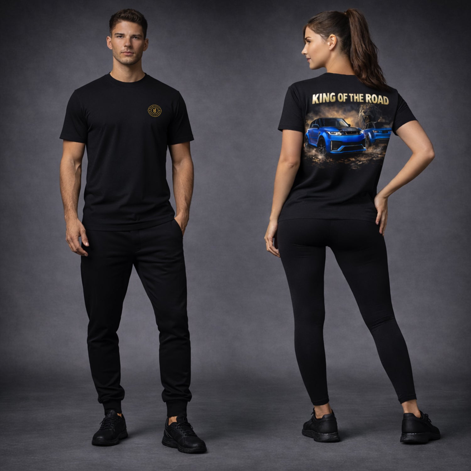 Man and woman wearing black t-shirts with car graphics on a gray background. The Blue cabaro king of the road t shirt.