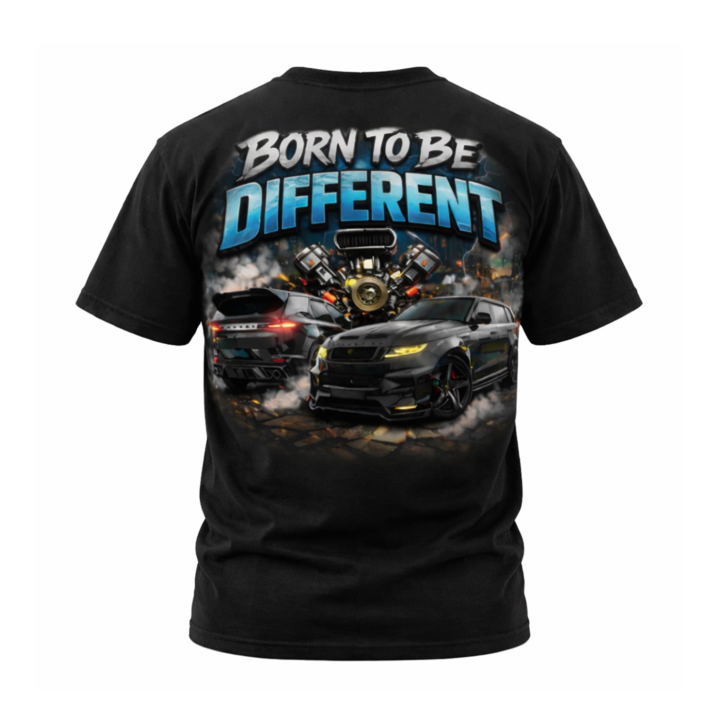 Black t-shirt with 'Born To Be Different' text and car graphic on a white background