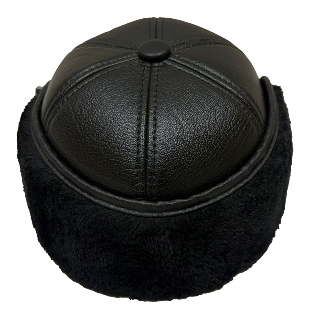 Black leather headband with fur lining on a white background.