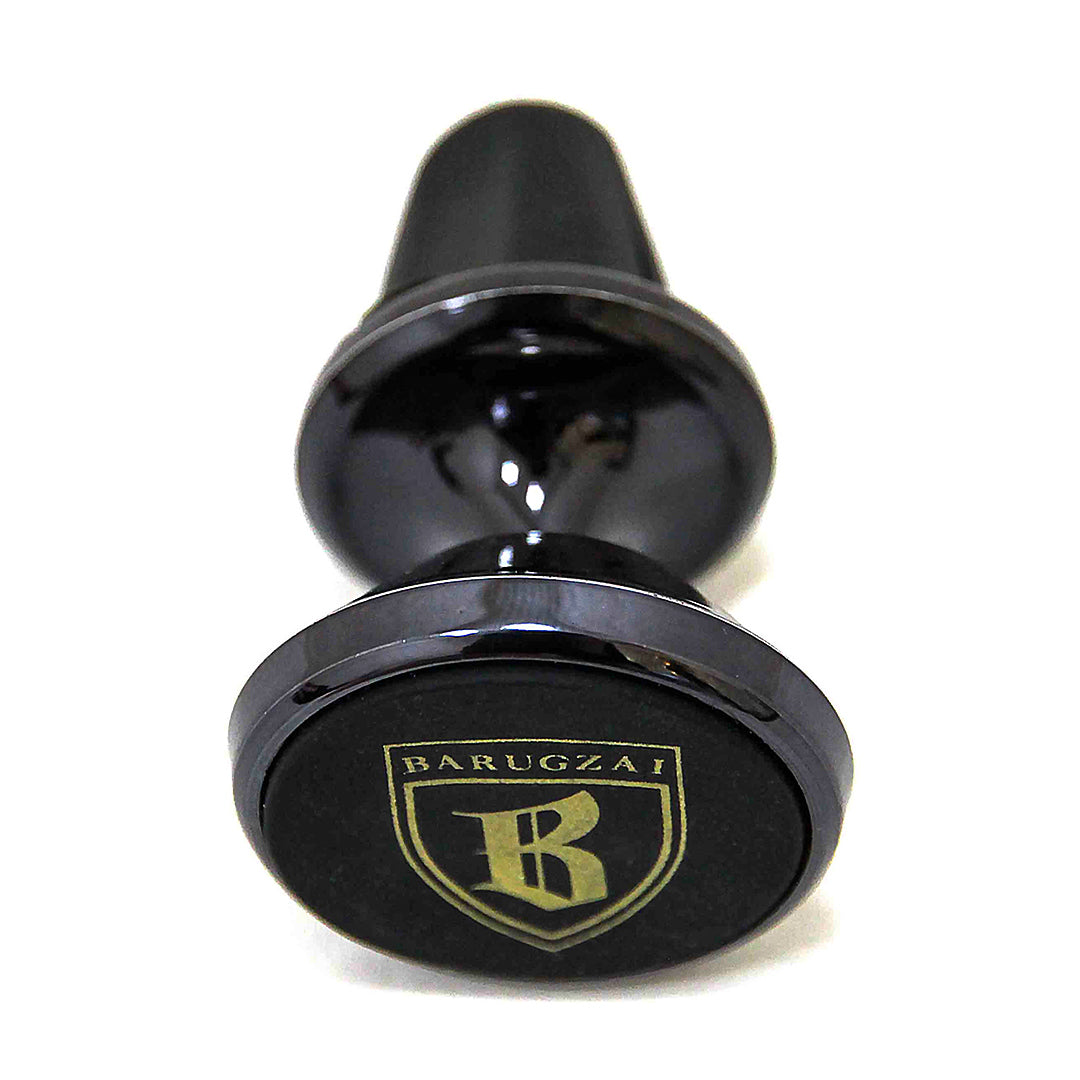 Black magnetic phone placeholder with 'Barugzai' logo on a white background in front top view.