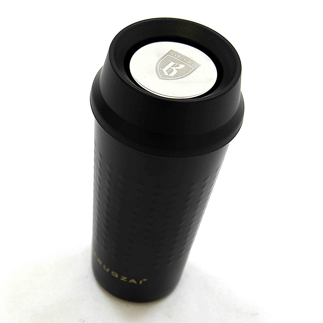 Black thermos travel Mug 400 ML with a brand logo on a white background.