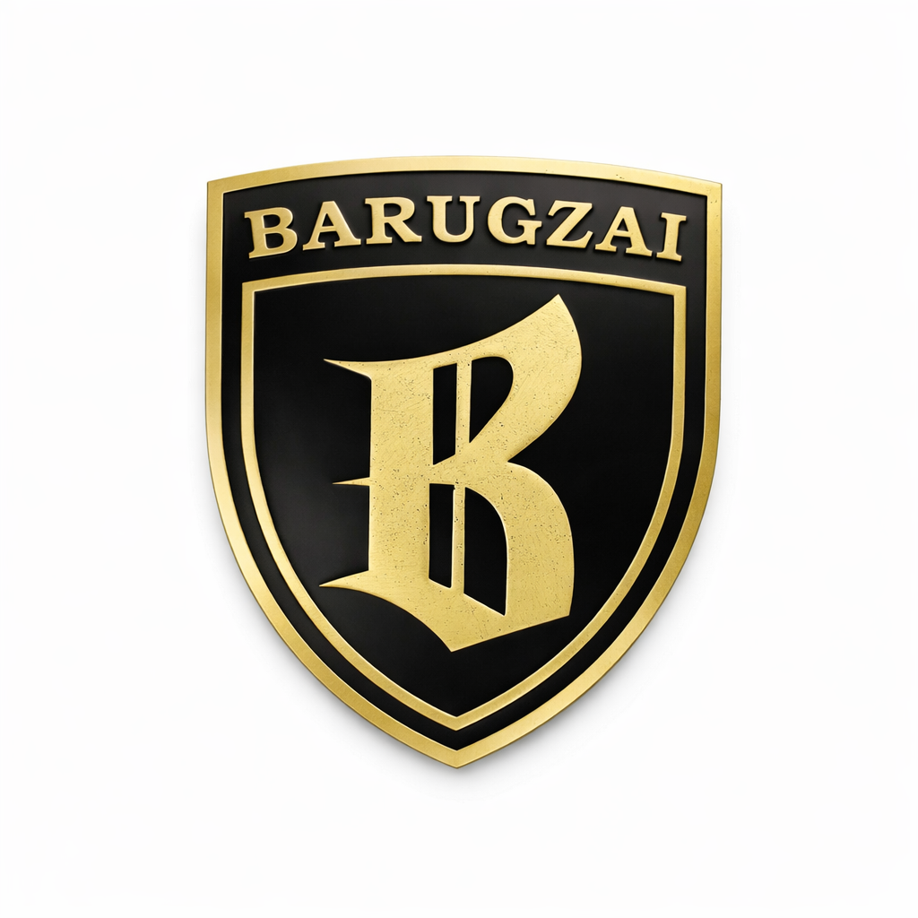 Barugzai logo on a black shield with gold border.