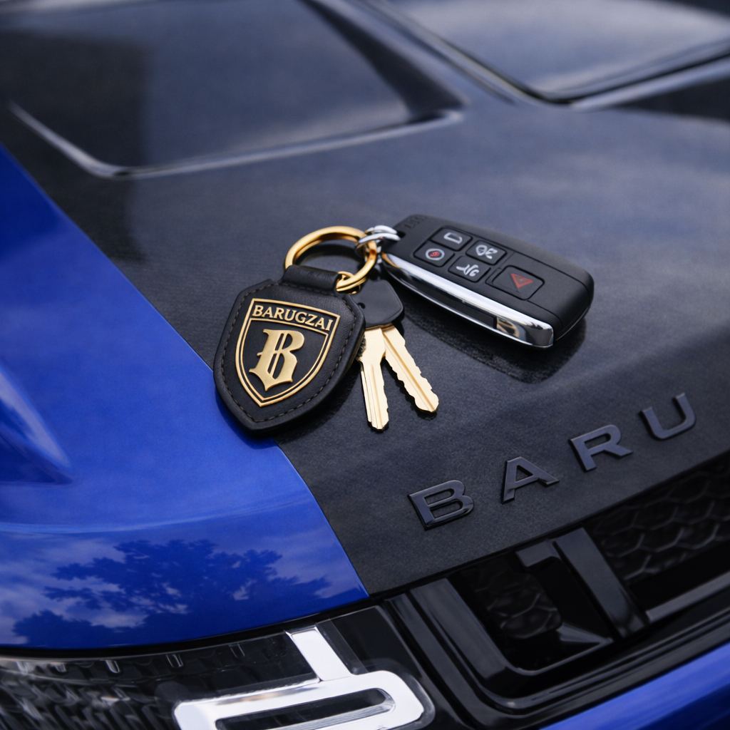 Barugzai Key Chain Gold and black with the Fob and keys on the top of a barugzai bonnet.