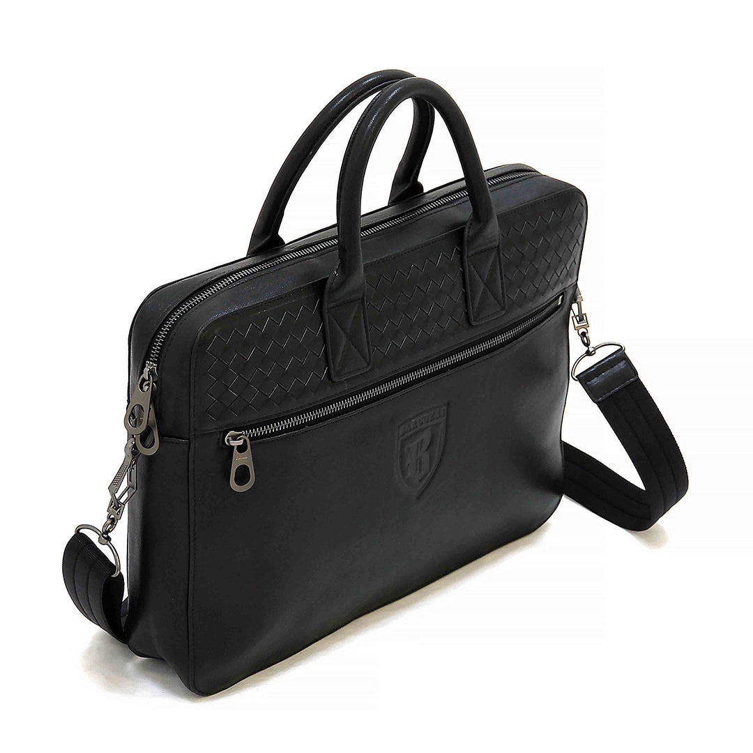Black leather Barugzai Laptop Bag briefcase with a shoulder strap on a white background.