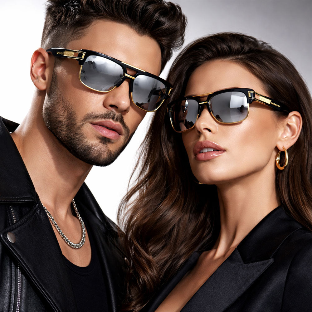Man and woman wearing stylish Barugzai Black Body Smoked Lens sunglasses against a neutral background.