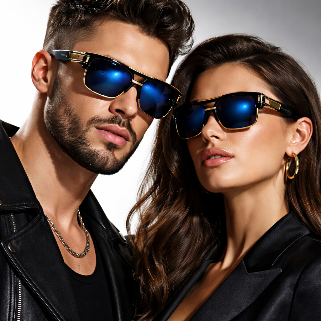 Man and woman wearing stylish sunglasses with a neutral background.
