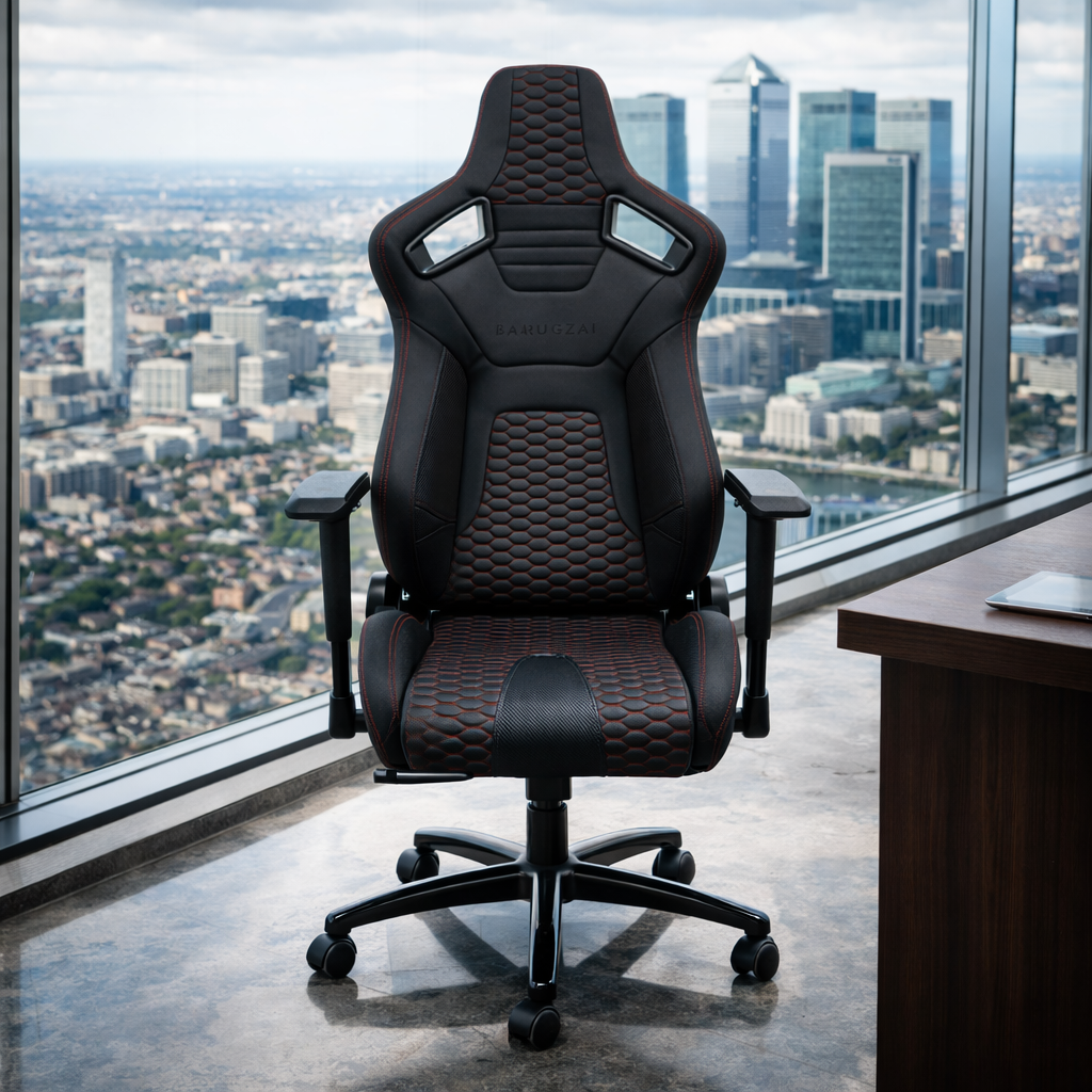 Black and red office chair in a modern office setting with cityscape view.