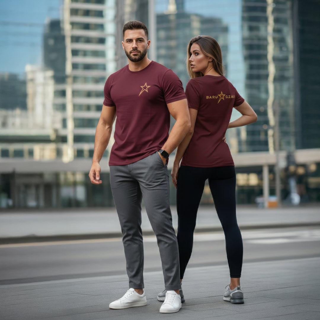 Male and female wearing Burgundy Barugzai Essentials B-Star lightweight t shirts
