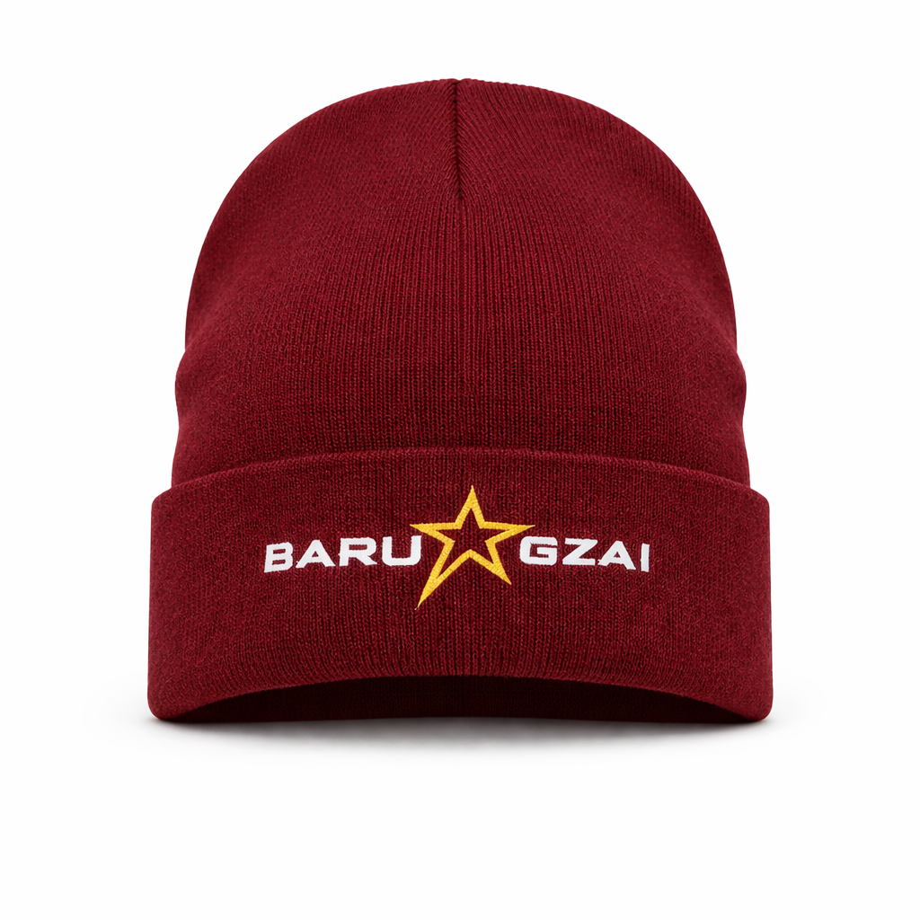 Burgundy beanie with 'BARU GZAI' logo on a white background