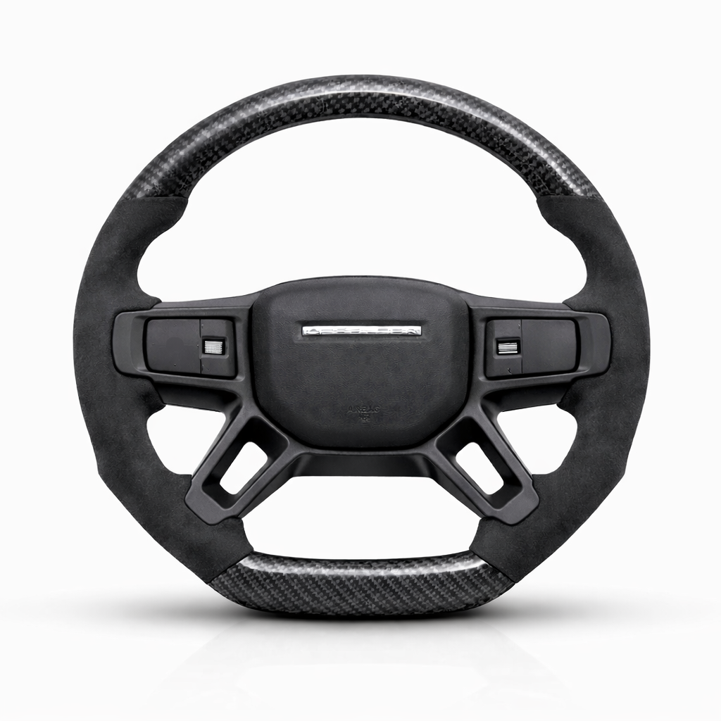 Carbon fibre steering wheel on a white background. Alcantara Suede Steering Wheel.