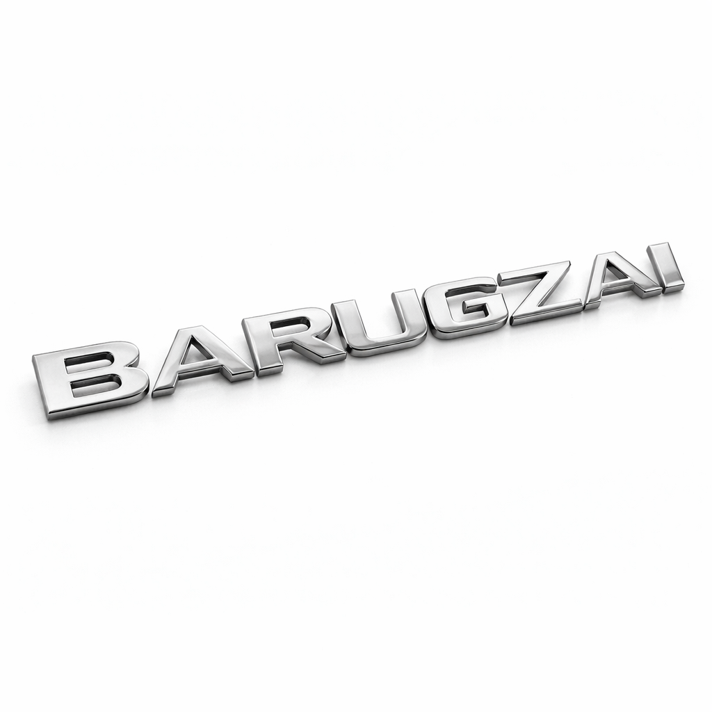 Chrome lettering spelling 'BARUGZAI' on a white background