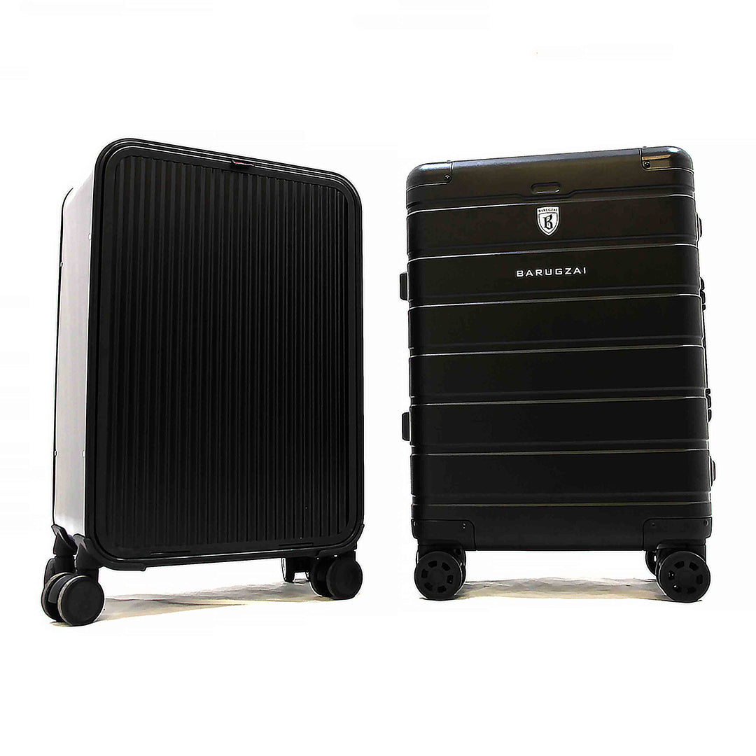Two black suitcases side by side on a white background.