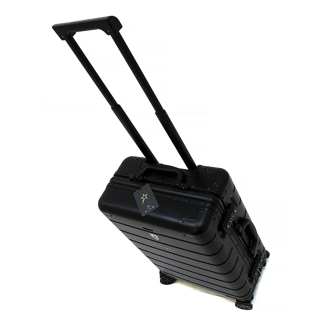 Black Barugzai suitcase with a handle open, Top angle, on a white background.