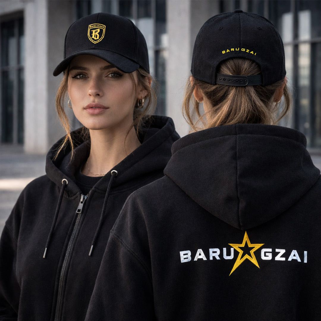 Female model wearing Barugzai black and gold B-Star snapback cap close-up front and rear view