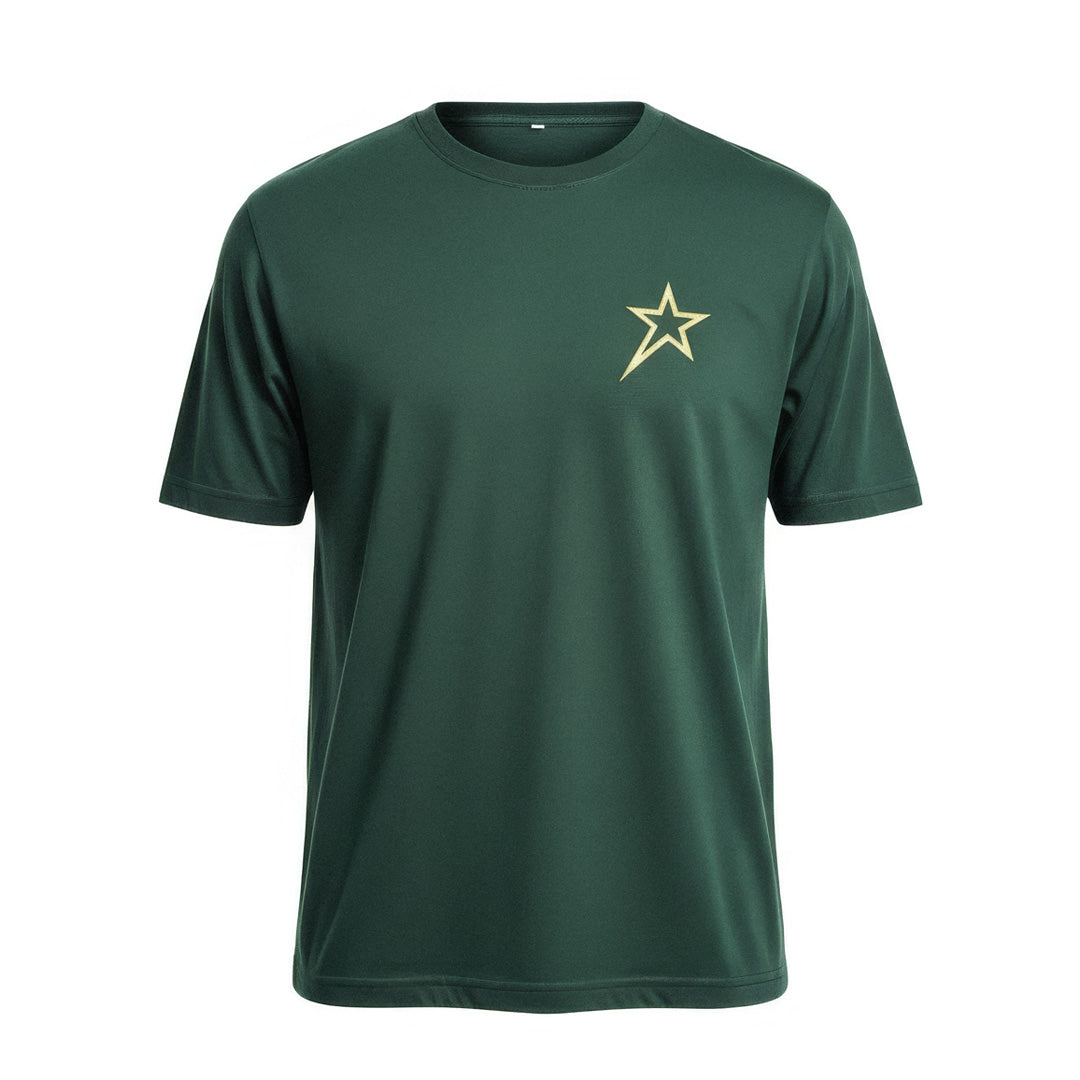 Barugzai Essentials B-Star lightweight green t shirt gold chest logo in a white background.