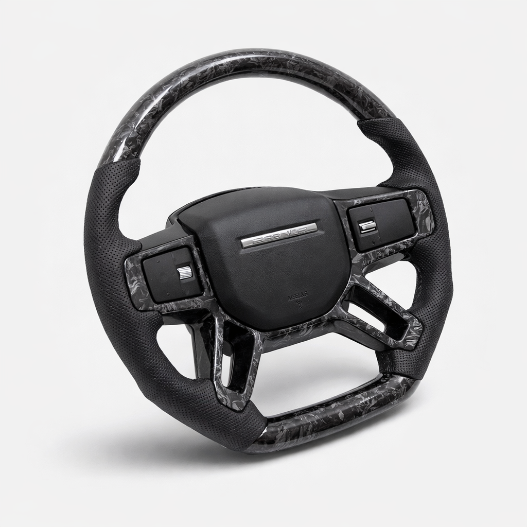 Black steering wheel with carbon fiber texture on a white background