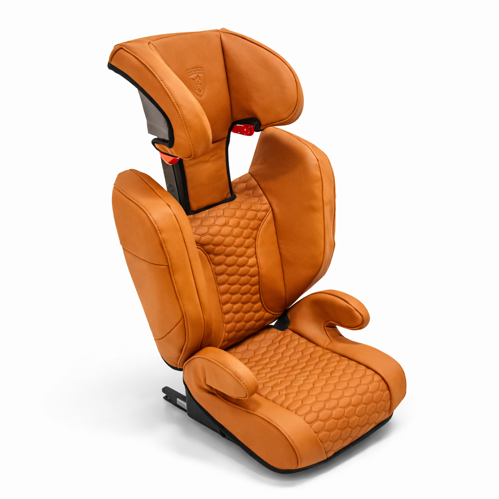 Orange car seat with quilted design on a white background.