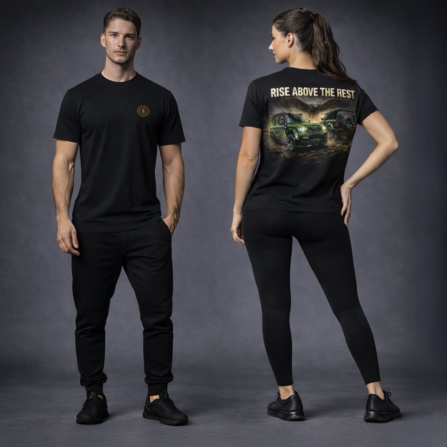Front and Rear View of the Defender GREEN RISE ABOVE THE REST of the male and female models wearing the tshirts in the studio.
