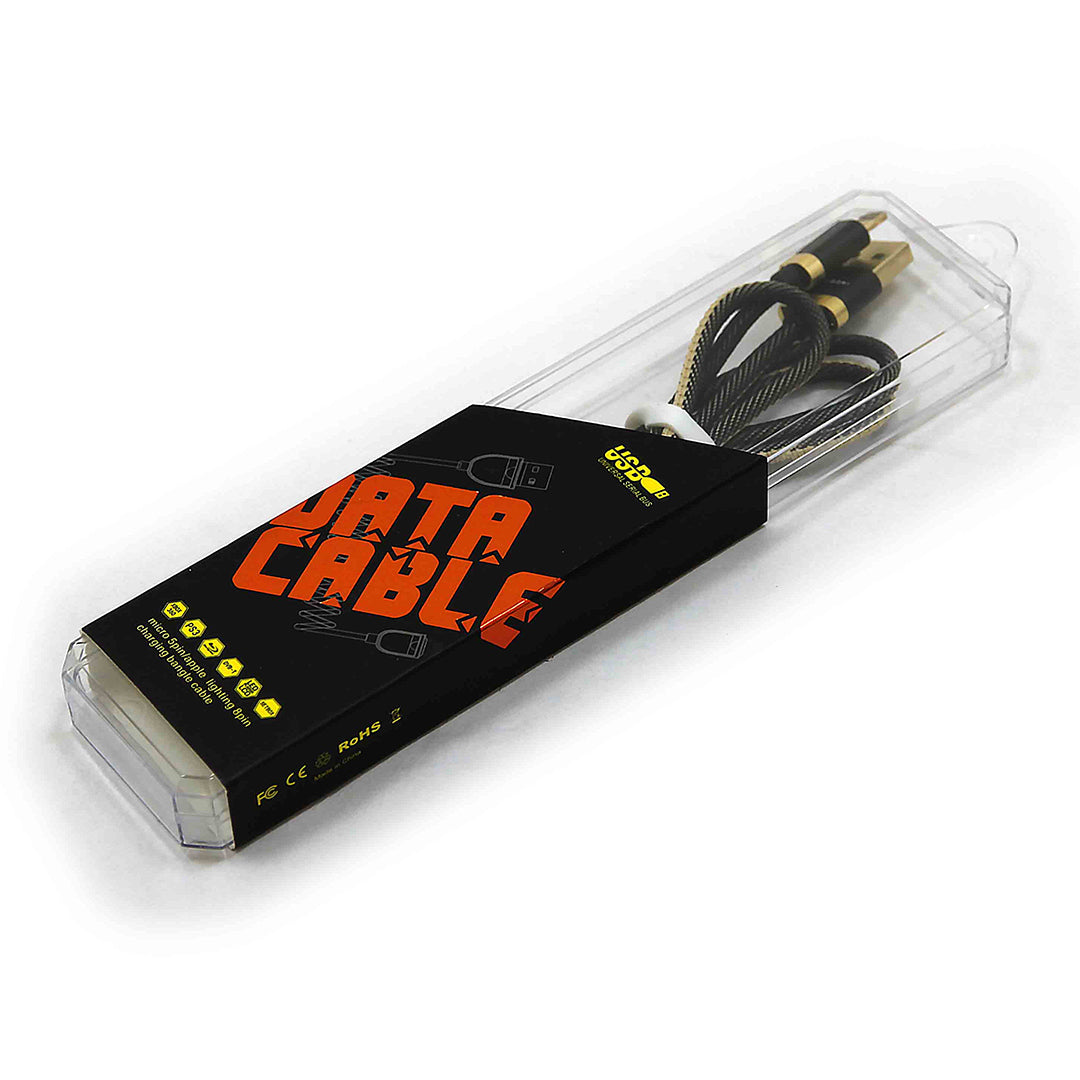 Data cable packaging with clear case on white background.