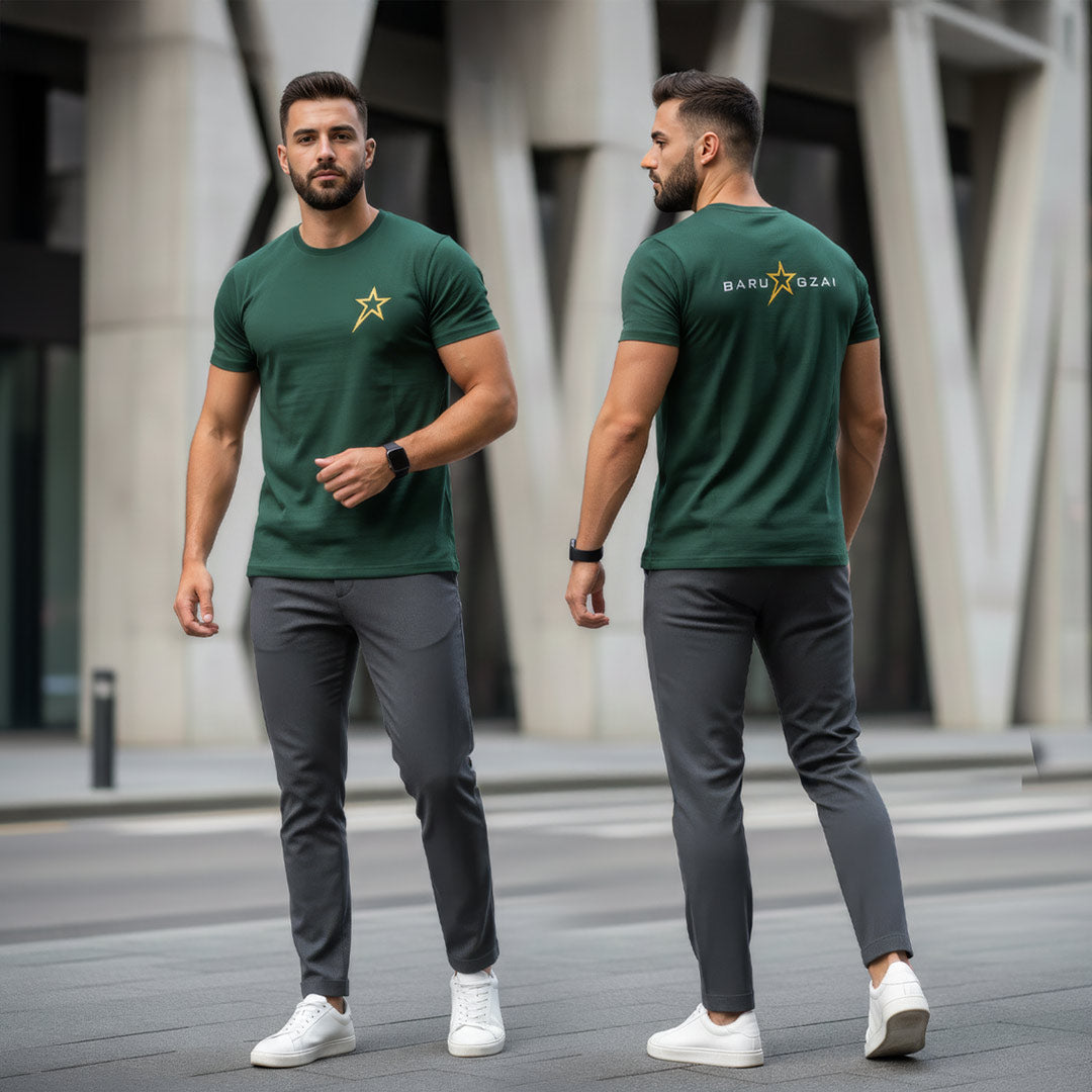 Barugzai Essentials B-Star lightweight green t shirt gold chest logo in an urban setting.