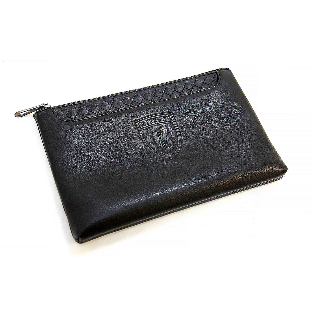 Black leather clutch bag with woven detail and logo on a white background.