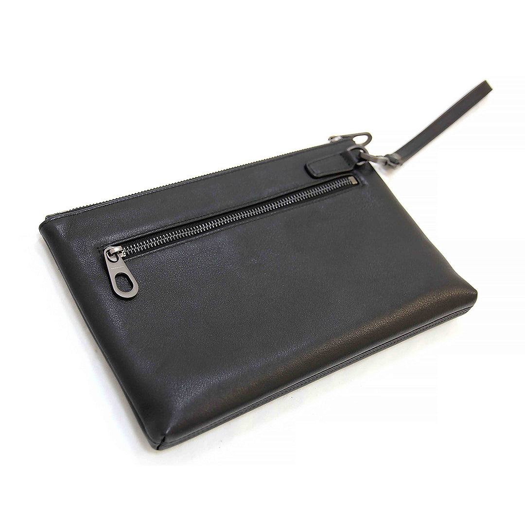 Black leather clutch bag with a zipper on a white background.