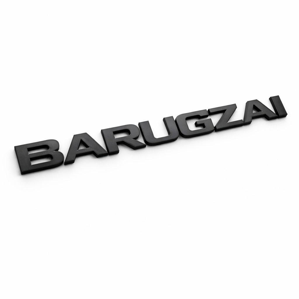 Matte Black lettering spelling 'BARUGZAI' on a white background