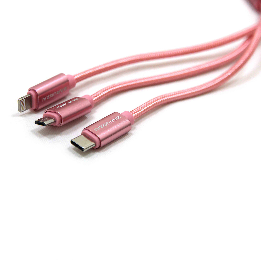 Pink 3-in-1 Barugzai charging cable with multiple connectors on a white background.
