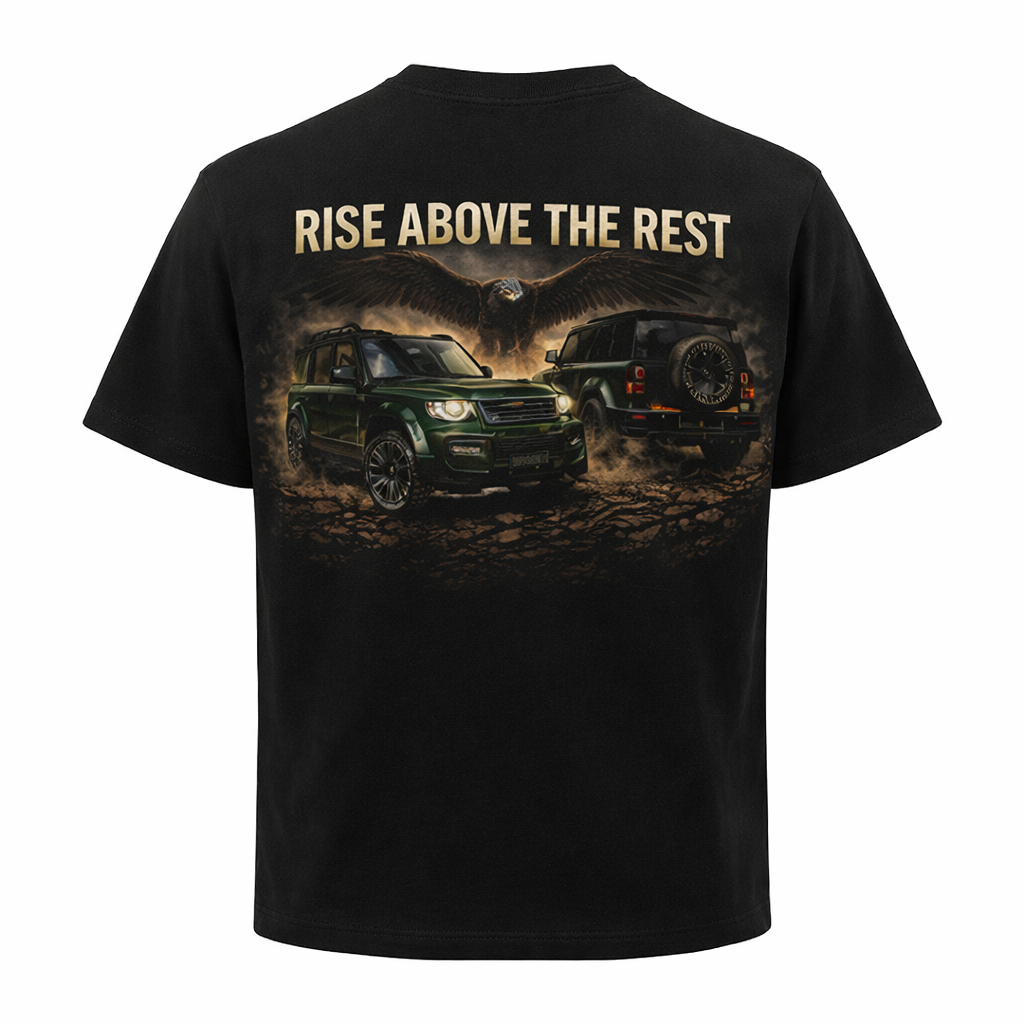 Black t-shirt with graphic design of two off-road vehicles and an eagle, with 'Rise Above The Rest' text.